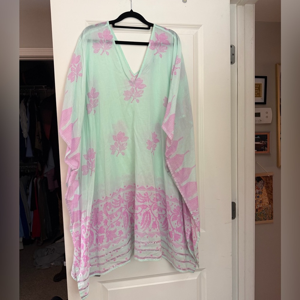 Juliet Dunn Mint Green Cover-Up with Pink Floral Detail